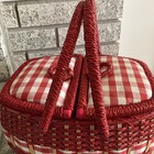 Vintage Jc Penney Sewing Basket Box Woven Wicker Red   White Checked Country