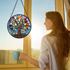 Stained Glass Window Hanging  Colorful Tree Of Life S Glass Panel Blue Suncatche