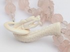 Vtg Finely Carved Chinese Dragon Head Rose Quartz Bead Necklace