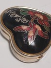 Vtg Cloisonn   Heart Shaped Hinged Pill Trinket Box Hummingbird Flowers Enameled