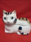 Vintage Henriksen Ceramic Blue And White Porcelain Cat Trinket Box Made In Japan