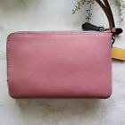 New Coach White Pink Pebble Leather Double Corner Zip Wristlet Wallet 2959