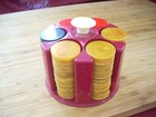 150 Vtg Bakelite Catalin Poker Chips Marbled Red Catalin Caddy 3 5  H 5  Diam