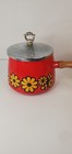Vtg Red And Yellow Enamal Fondue Pots Yellow White Flower Mod Pattern  read 
