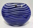Vintage Art Glass Skinny Vase Blue white Striped Mid Century 8 5  