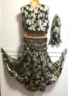Belly Dance 5 Pc Black Gold Workshop Costume - Skirt Top Coin Hip Belt   Sleeves