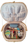 Vintage Wicker Woven Sewing Basket Box Floral Needlepoint Padded Lid Notions Kit