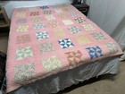 Vtg Broken Dishes Pinwheel Quilt 77x78    Hand Sewn Distressed Feedsack Pink