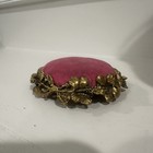 Vintage Gresco Orange Velvet Sewing Pin Cushion On Ormolu Brass Flowers Base Nos