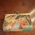 Vintage Kiss-lock Coin Purse Metal Frame  Asian Art Scenic Print  Red Lined