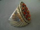 Charley Native American Zuni Coral Cluster Sterling Silver Filed Cuff Bracelet