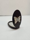 Vtg Wood   Mother Of Pearl Inlay Butterfly Folding Pocket Mirror Compact Dark