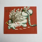 Vintage Mid Century Christmas Greeting Card Snowman Carrying Tree Sledding Scarf