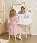 Cat-themed Kids Vanity With Mirror  2 Drawers  Stool  White Natural Wood Rattan