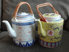 Two 7 In  Chinese Teapots Bamboo Handles Red Rice Eye   Yellow Famille Rose