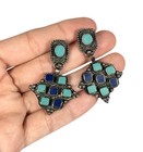 Antique Navajo   Silver Rope Dangle Earrings Inlayed Turquoise   Lapis Stone