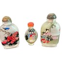 Vintage Chinese Inside Painted Glass Snuff Bottles Reverse Painted Set Of 3 
