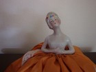 Vintage Porcelain Half Doll Pin Cushion Peach orange Dress Germany 