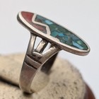 Vintage Southwestern Sterling Silver Turquoise Coral Inlay Oval Ring Size 4