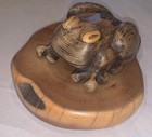 Unique Bass Wood Carved Frog On Yew Wood Base