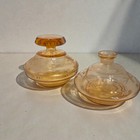 Vtg 3pc Vanity Tiffin Glass Etched Peach Perfume No Stopper Powder Trinket Jar 