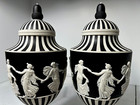 Vintage Wedgwood Black Jasperware  dancing Hours Urns  Pedestal Engine Turn