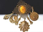 Amazing Vintage  Antique Copper Filigree Charms Huge Golden Cabochon Brooch 