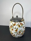 Antique Glass Bisquit Jar W  Silver Metal Lid   Handle Hand Painted   Berries 
