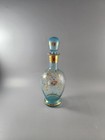 Vintage Mcm Aqua Blue Glass Decanter Gold Gilded Floral Vine Accents 9 5 In Tall