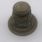 Glass Antique Turn Of The Century  Inkwell Encased In Gilded Ornate Brass