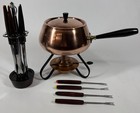 Vintage Unmarked Mcm 1960s Copper Fondue Pot Set W  10 Forks Stand Burner