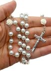 Pure White Pearl Beads Rosary Necklace Rose Lourdes Medal   Cross Crucifix