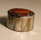 Vintage Abalone   Inlaid Wood Silver Tone Cylinder Pill Trinket Box     H 1     D