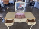 Vintage Wood Vanity Table W  Arched Mirror  3 Drawers  Gold 44x22x30