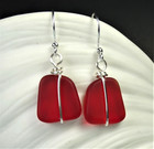 Cherry Red Cultured Sea Glass Handmade With Plated Silver Drop Earrings 3 4 