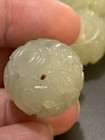 One Vintage Carved Chinese Bead Celadon Green Serpentine Jade Round Bats 22mm