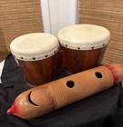 Vtg  Wooden Bongo Hand Drums Set   Hand Painted  Guiro Mexico Folk Art