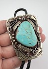 Vintage Navajo Nickel Silver High Grade Kingman Turquoise Stamped Bolo Tie 2 5 