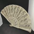 Vintage White Chinese Lace Hand Fan With Gold Floral Design