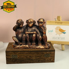 Three Wise Monkeys Statue Set Bronze Coated Resin Hear See Speak No Evil Decor