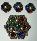 Antique Art Deco Jeweled Glass Belt Buckle   Matching Buttons Set 1920s
