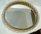 Vintage 13  Oval Vanity Tray Mirror Dresser Perfume-gold Filigree Ornate Border