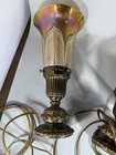 Antique Pair Bronze Lamp Quezal Glass Shade Pulled Feathers Gold Iridescent