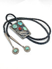Vtg Sterling Bolo Tie Green Turquoise Coral  Turquoise Dangles Navajo S  Johnson