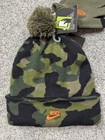 Nike Beanie Gloves Set Boys One Size Green Camo Pom Knit Winter Touchscreen