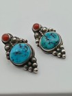 Vintage Navajo Turquoise Coral Earrings Signed Rb Sterling Silver Running Bear