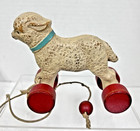 Antique Painted Composition Easter Lamb Wood Wheels String Pull Toy 4 7 8  Long
