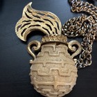 Vintage Razza Signed Gold Statement Necklace Lg Grenade Pendant Aquarius Charm