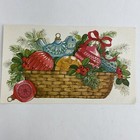 Vintage Mid Century Christmas Greeting Card Bulbs Ornaments In Basket Bird Bow