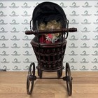 Antique Style Wicker Doll Carriage Victorian Wood Metal Pram W  Porcelain Doll